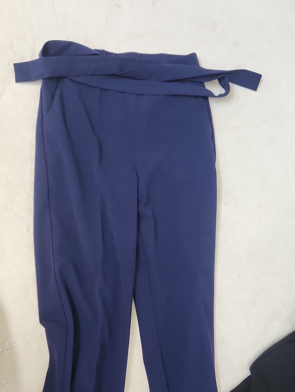High-Waist Tie Belt Women’s Pants - Navy